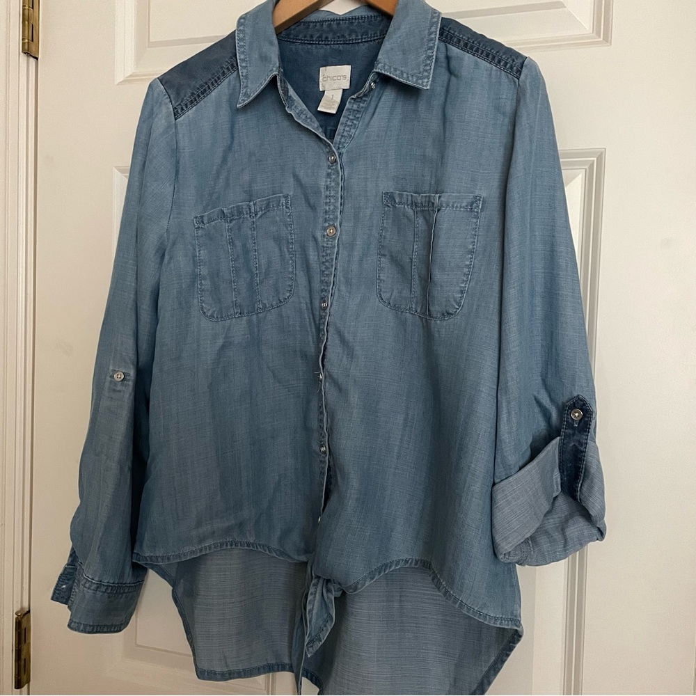 Chicos Blocked Tencel Denim Tie Front Jill Shirt - Size 1/US M-8
